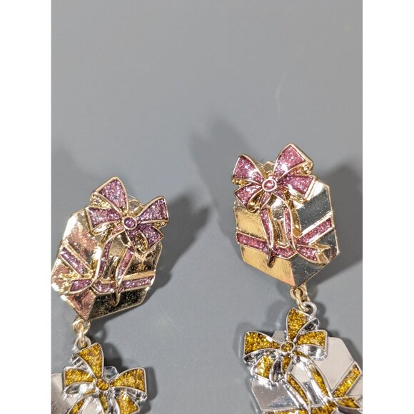 Sugarfix Christmas Earrings Tri Color Glitter Present Gift Long Dangle Pierced - Picture 3 of 9